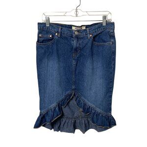 Vintage Y2K Paris Blues Women's Blue Denim Ruffle Hem Mini Skirt Size 7 Pockets